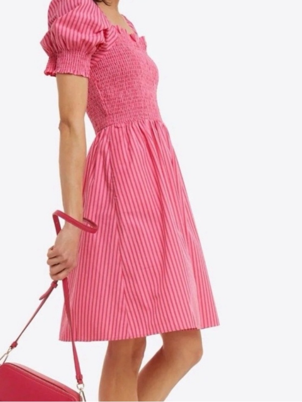 Draper James Hot Pink Striped Puff-Sleeve Mini Dress